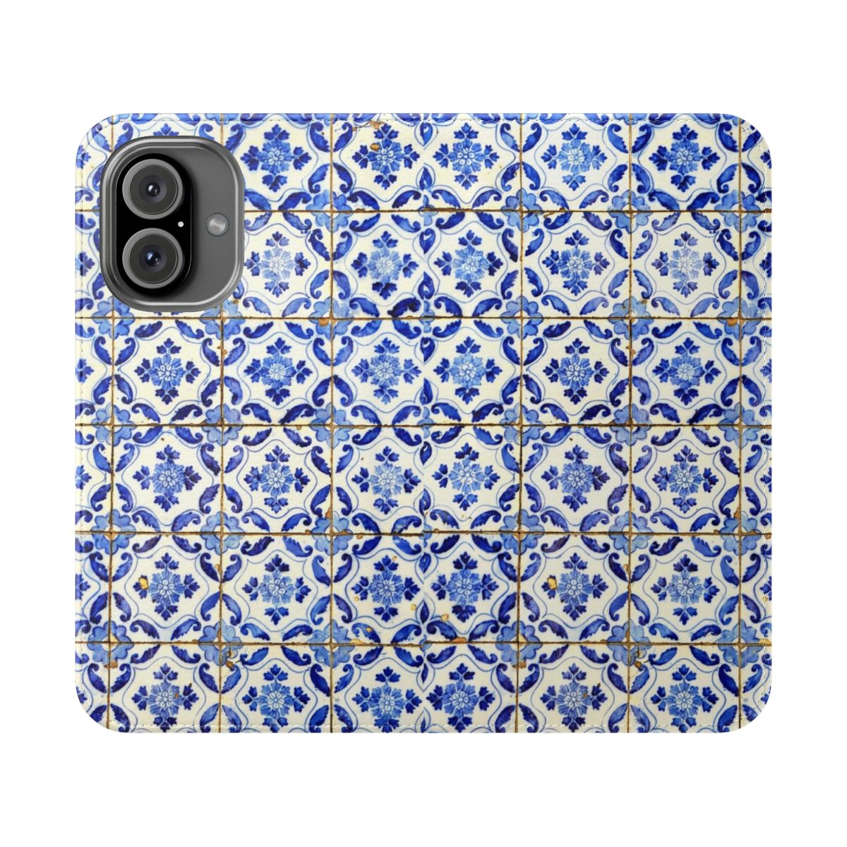 A flip cover phone case featuring a vibrant blue and white floral pattern inspired by traditional Portuguese tiles.