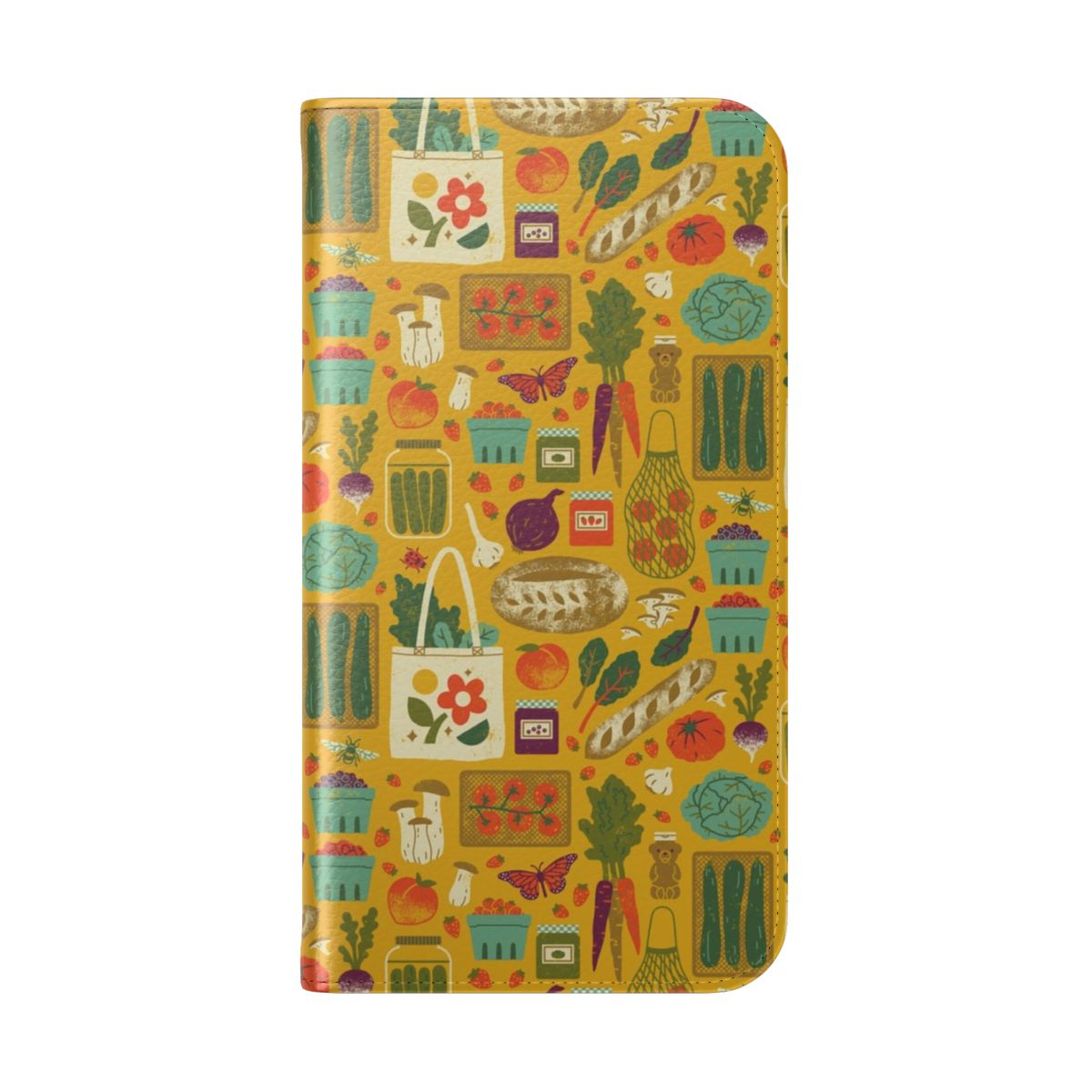 A colorful phone case featuring illustrations of farmers market produce, flowers, and nature elements. - Folded Back