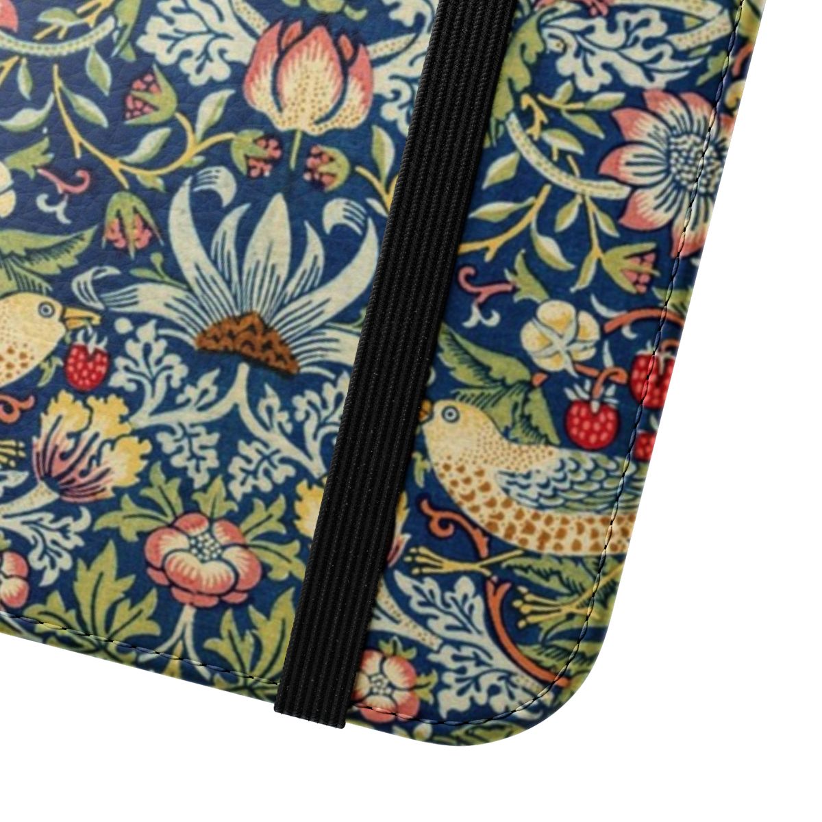 Vintage floral phone case with a William Morris inspired strawberry thief pattern featuring birds and flowers - Close Up