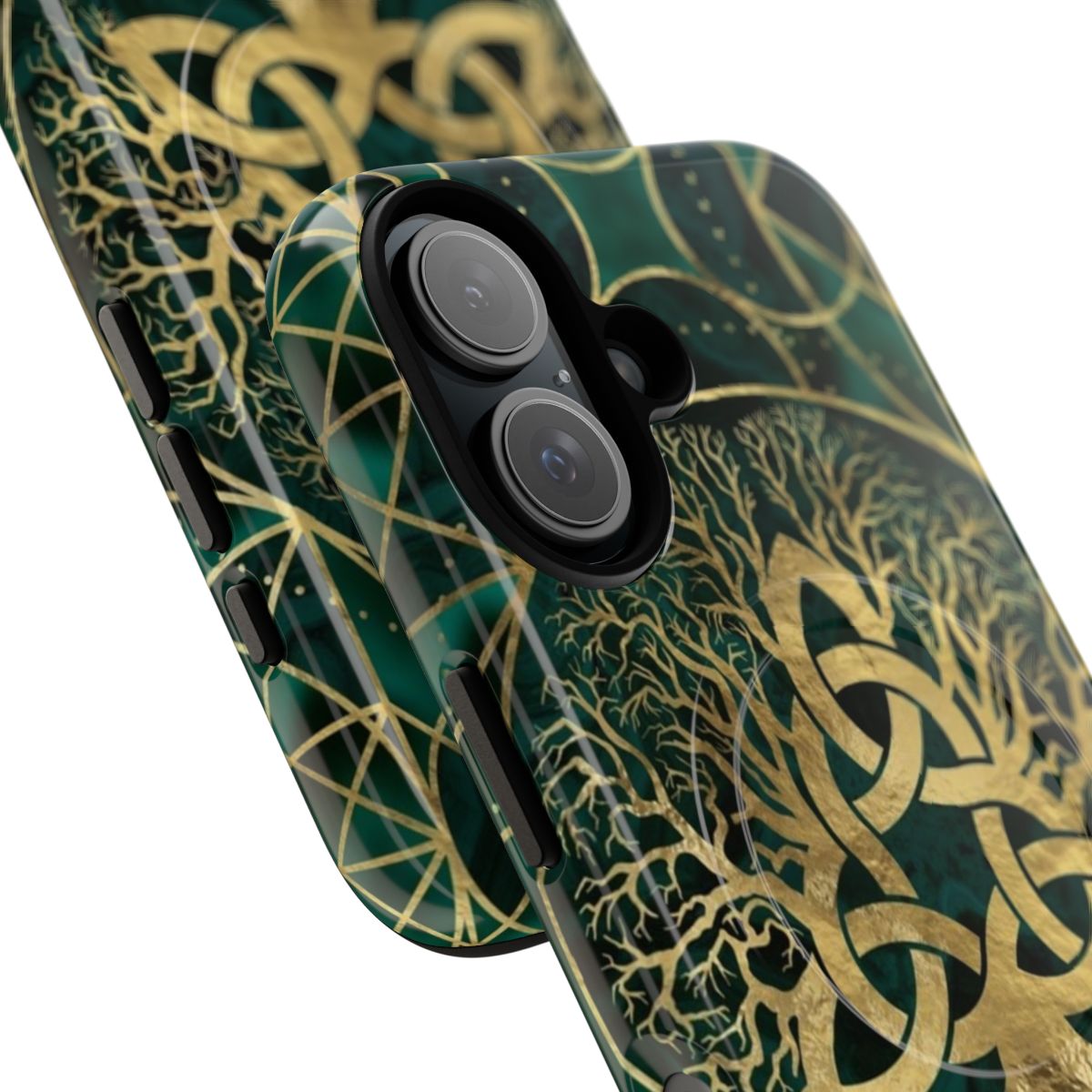 Artistic tree of life design with triquetra and gold accents on a protective phone case - Detail