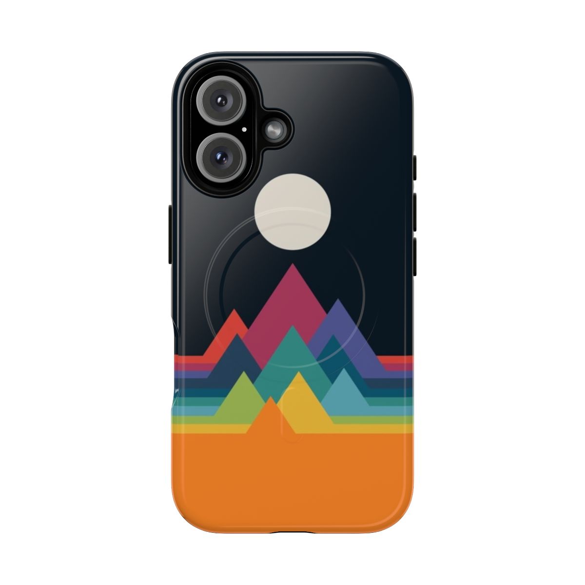 Colorful whimsical mountain landscape design on a tough, magnetic phone case