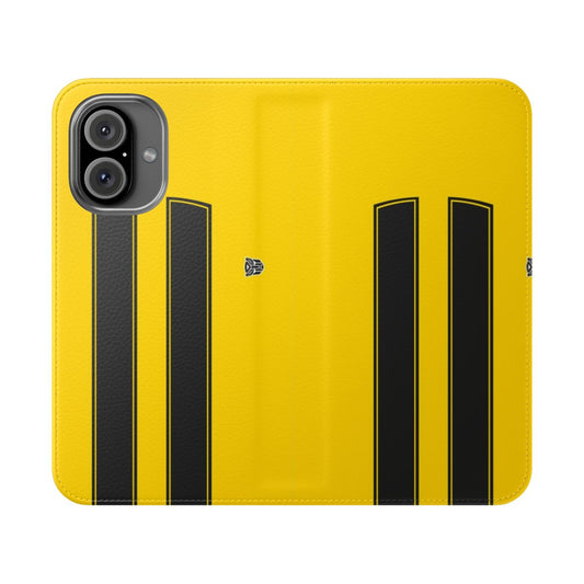 Flip cover phone case with bumblebee-inspired design