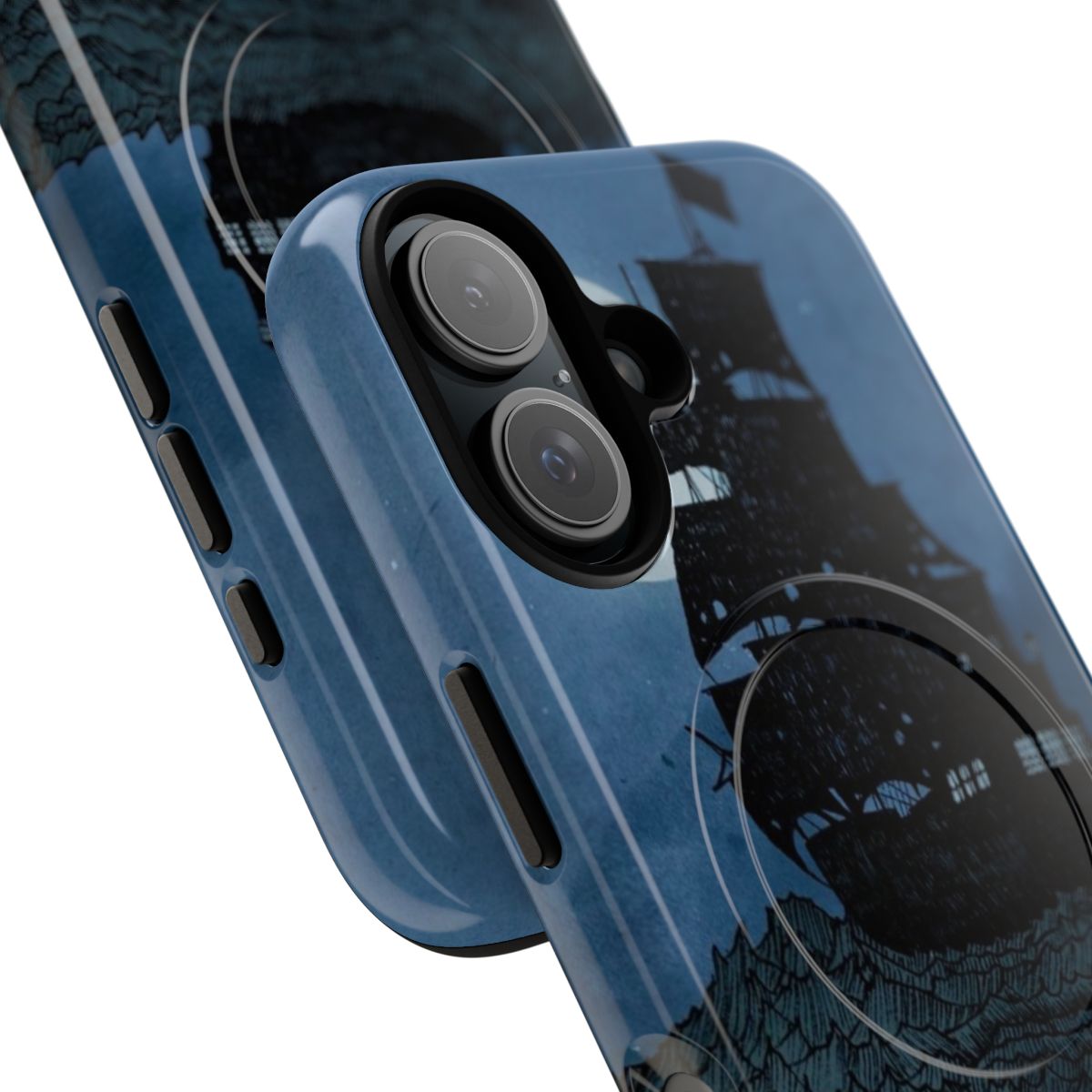 Tough phone case featuring a hand-drawn illustration of a pirate ship sailing under the moon on a calm, blue sea. - Detail