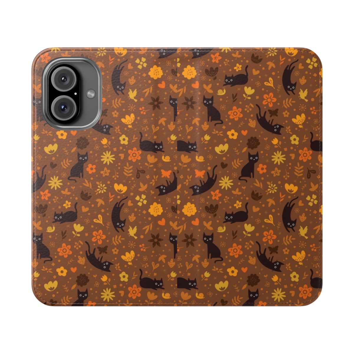 Flip phone case featuring a whimsical illustration of cats playing in an autumn garden with flowers, foliage, and butterflies.