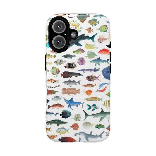 Colorful illustration of various marine life including fish, sharks, and whale sharks on a magnetic tough phone case