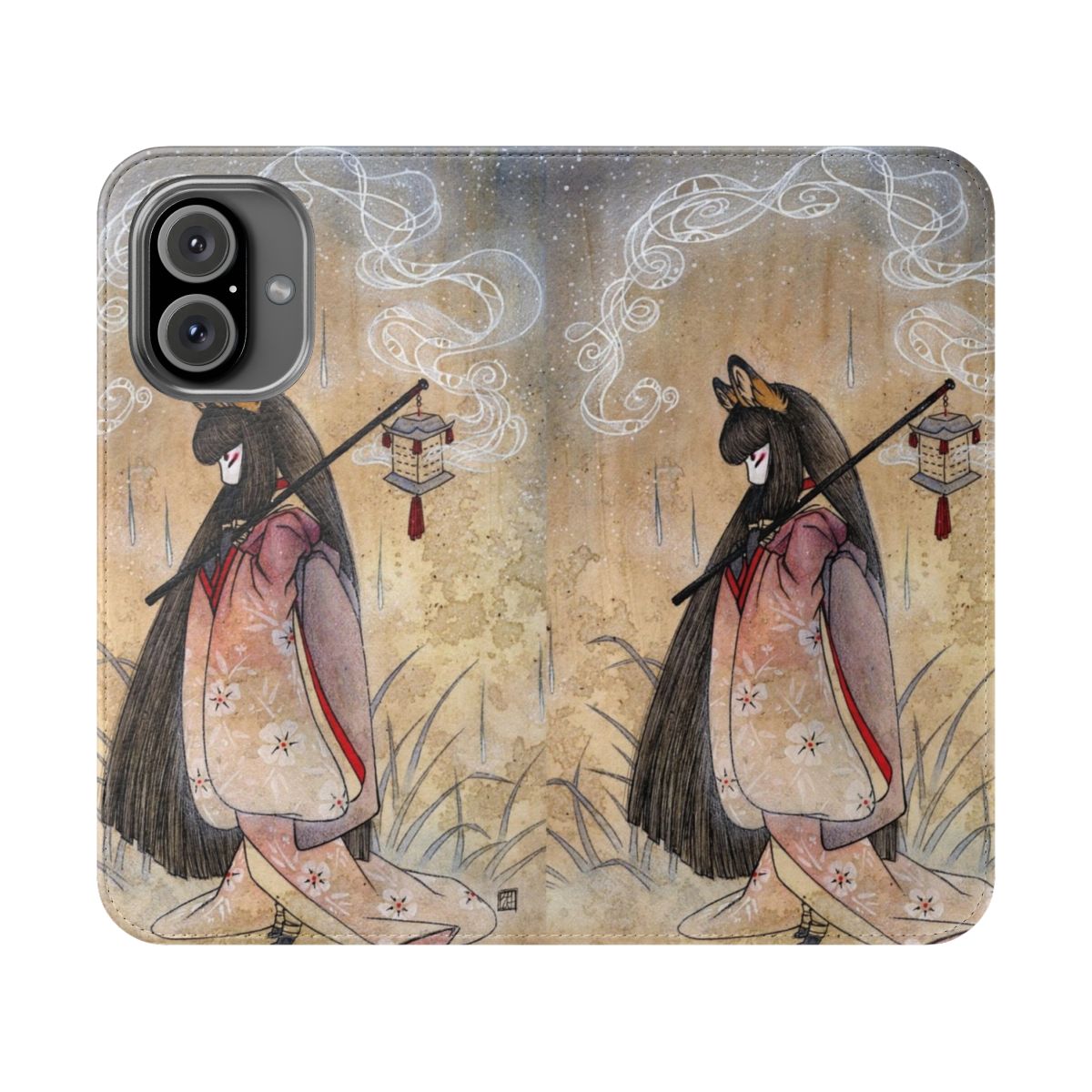 Flip phone case featuring a watercolor illustration of a kitsune (tea fox) in a kimono against a backdrop of smoke and ink splashes.