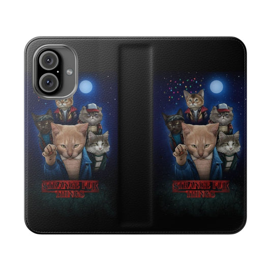 Flip cover phone case with a Stranger Things-inspired design featuring cats and kittens in an upside-down setting.