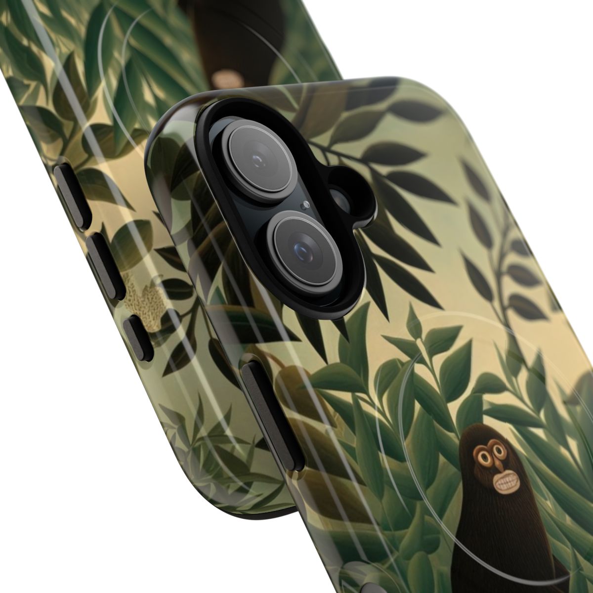 Artistic phone case featuring a playful monkey in a lush, tropical jungle scene, inspired by Henri Rousseau's distinctive painting style. - Detail