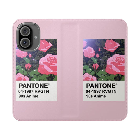 A pink, pastel, and vaporwave-inspired flip phone case featuring an anime girl design.