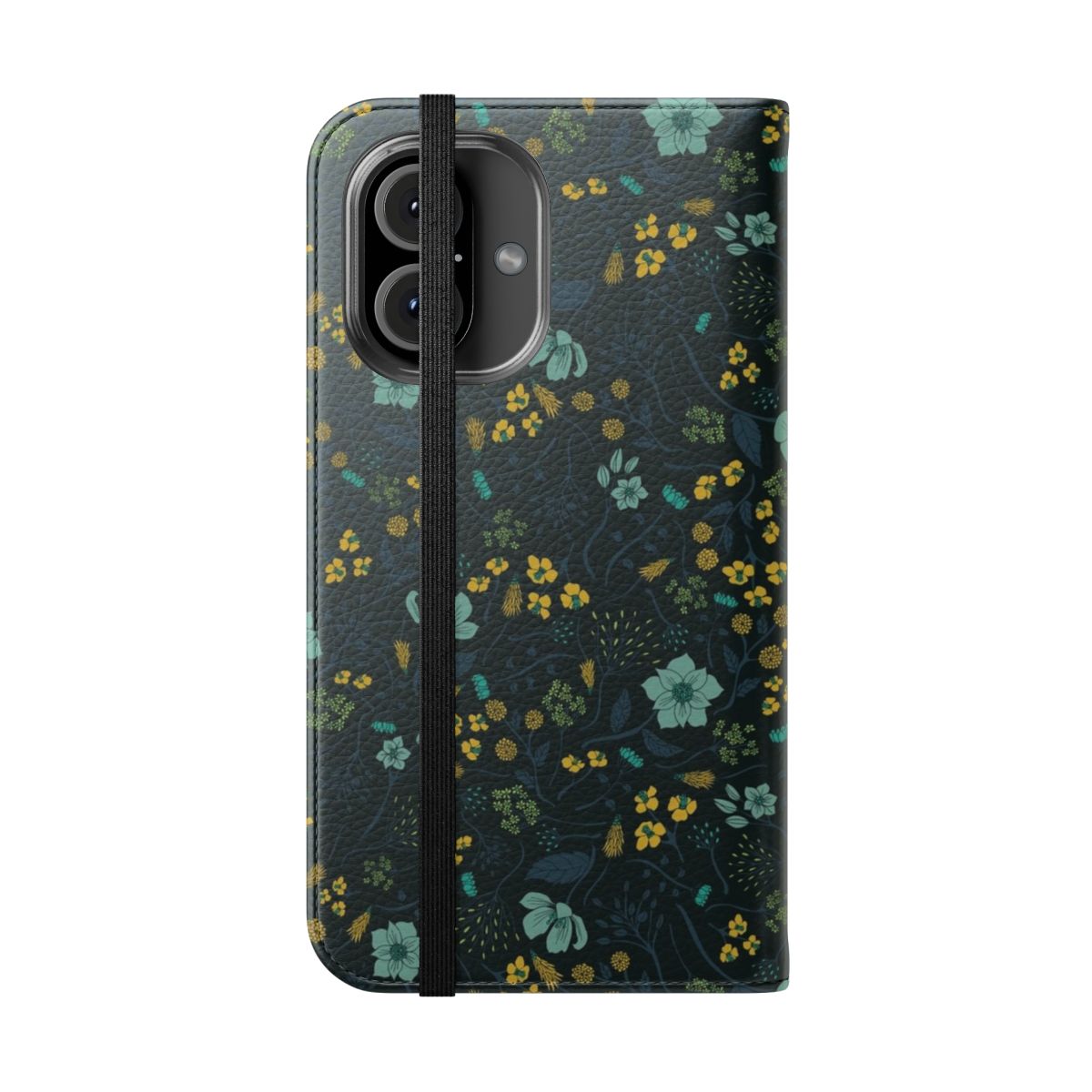 Colorful floral pattern flip phone case in shades of turquoise, yellow, green, and navy blue. - Folded Front