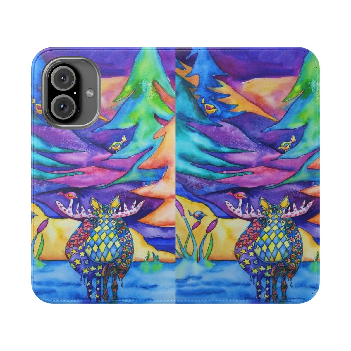 Colorful flip cover phone case with a vibrant moose design