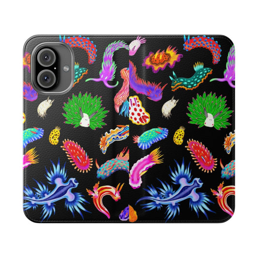 Vibrant and colorful flip phone case featuring an assortment of sea slugs and nudibranchs