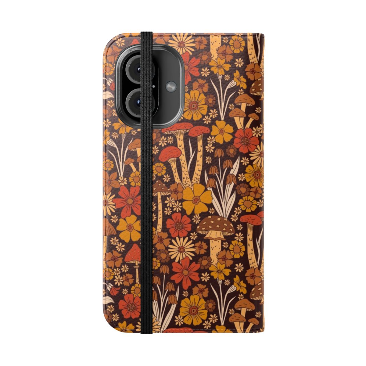 Retro 1970s-inspired flip phone case featuring colorful mushrooms and flowers in a psychedelic, vintage-inspired design. - Folded Front