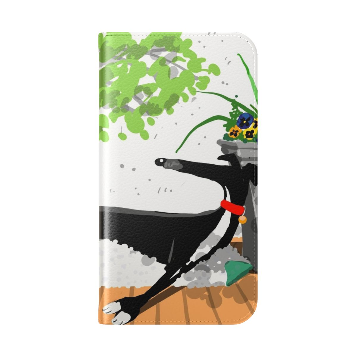 A flip cover phone case featuring a nature-inspired design with greyhounds, whippets, or lurchers. - Folded Back