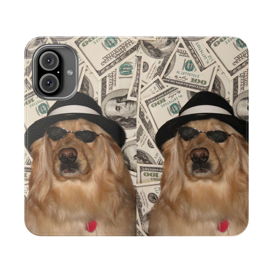 A stylish flip cover phone case featuring a "Rich Dog, Doggo" design, perfect for dog lovers and owners.