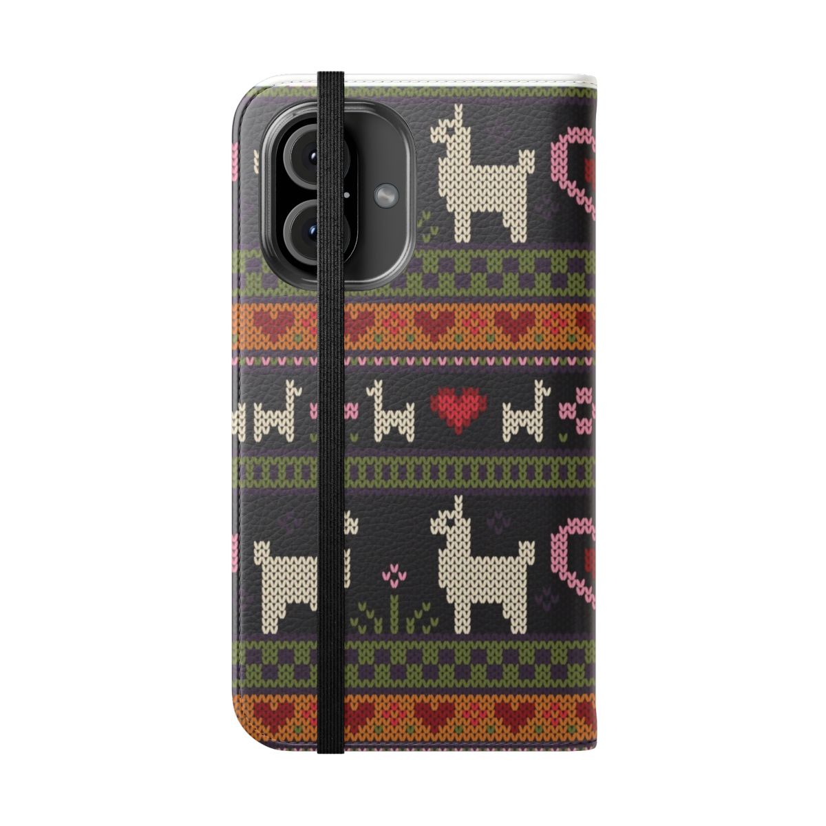 A stylish and cozy knit-style phone case featuring a cute llama or alpaca design. - Folded Front