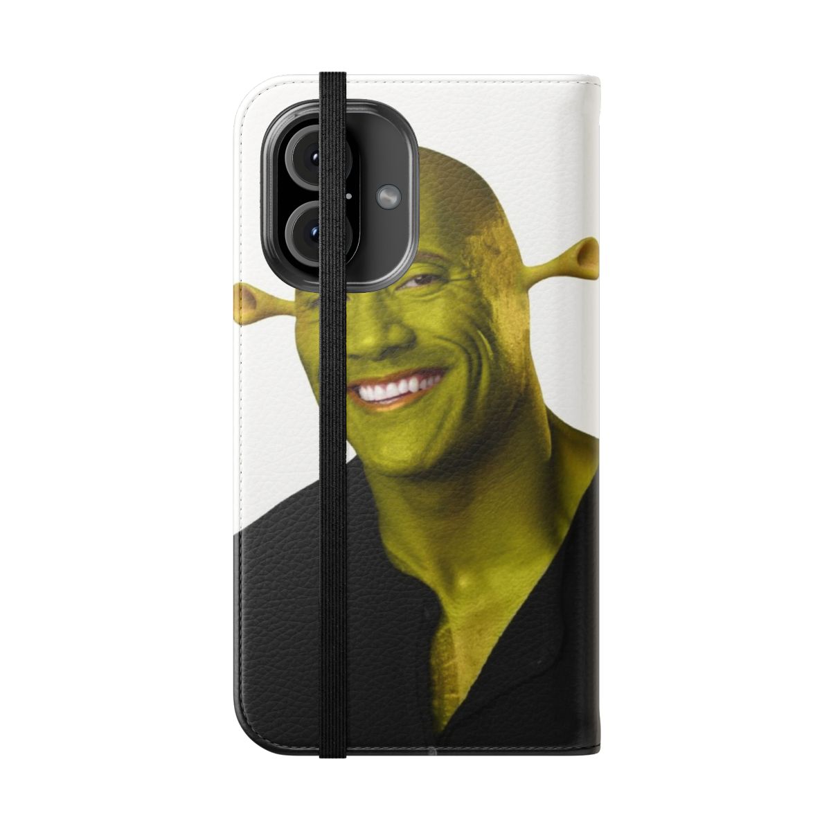 Shrek-themed flip cover phone case featuring Dwayne "The Rock" Johnson - Folded Front