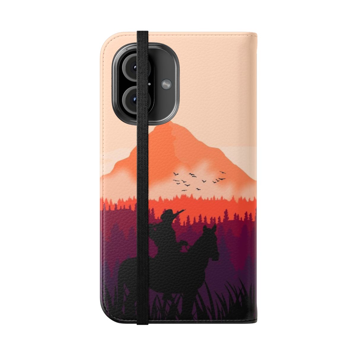 A phone case featuring a picturesque sunset landscape, reminiscent of the Red Dead Redemption 2 game world. - Folded Front