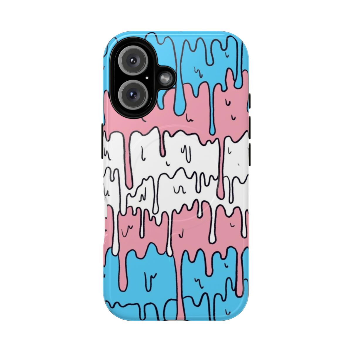 Vibrant pastel-colored melting phone case design featuring transgender pride colors and shapes.