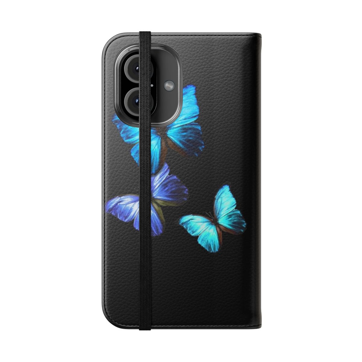 Blue butterfly pattern printed on a flip cover phone case - Folded Front