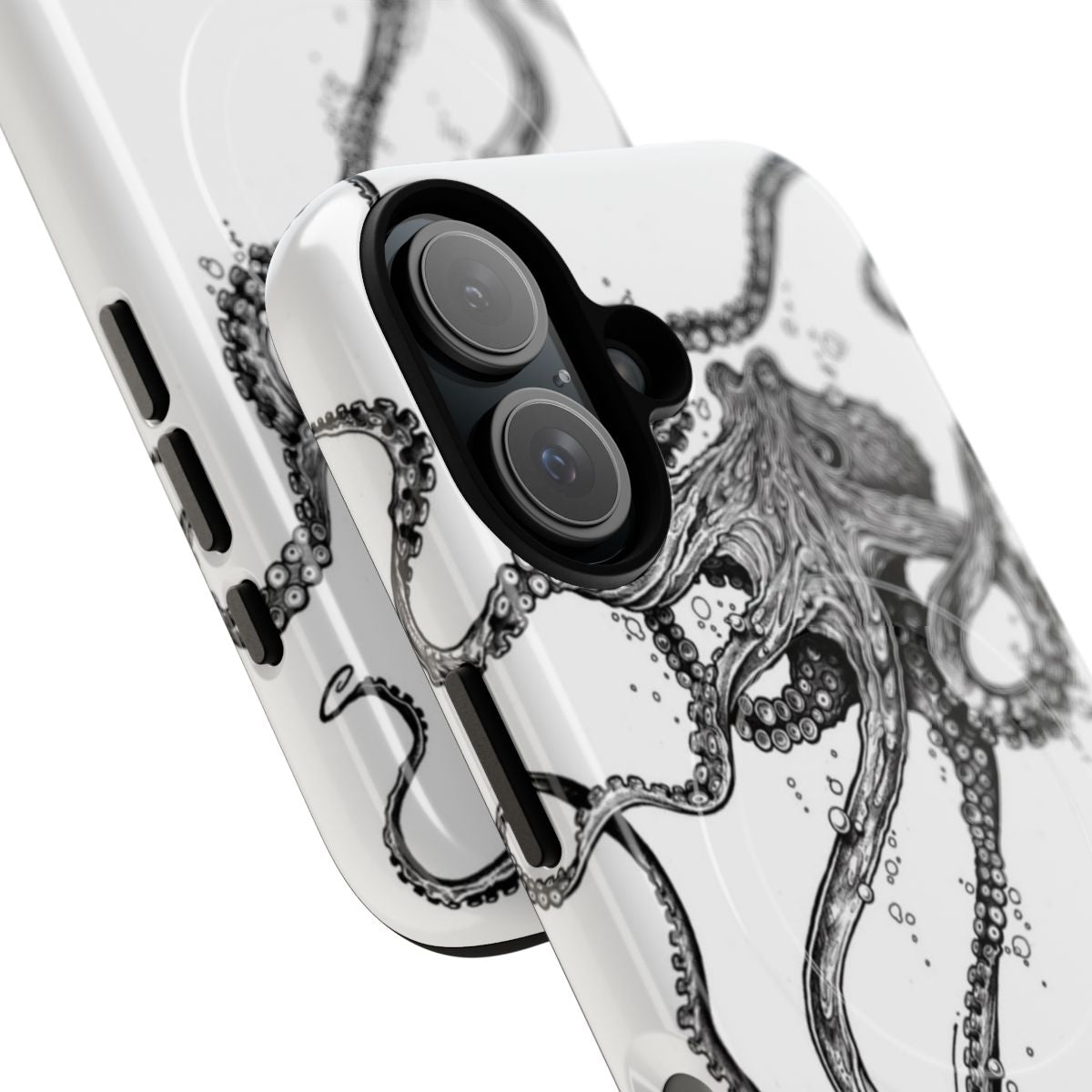 Artistic black and white illustration of an octopus on a durable phone case - Detail