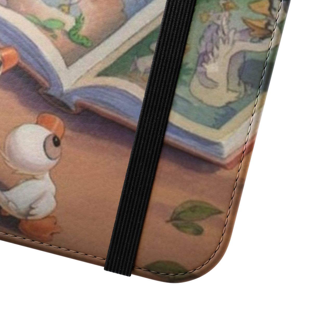 A cute and whimsical flip cover phone case featuring the beloved character Stitch from the Disney movie "Lilo and Stitch" reading a book. - Close Up