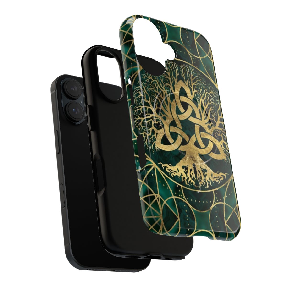 Artistic tree of life design with triquetra and gold accents on a protective phone case - Layers