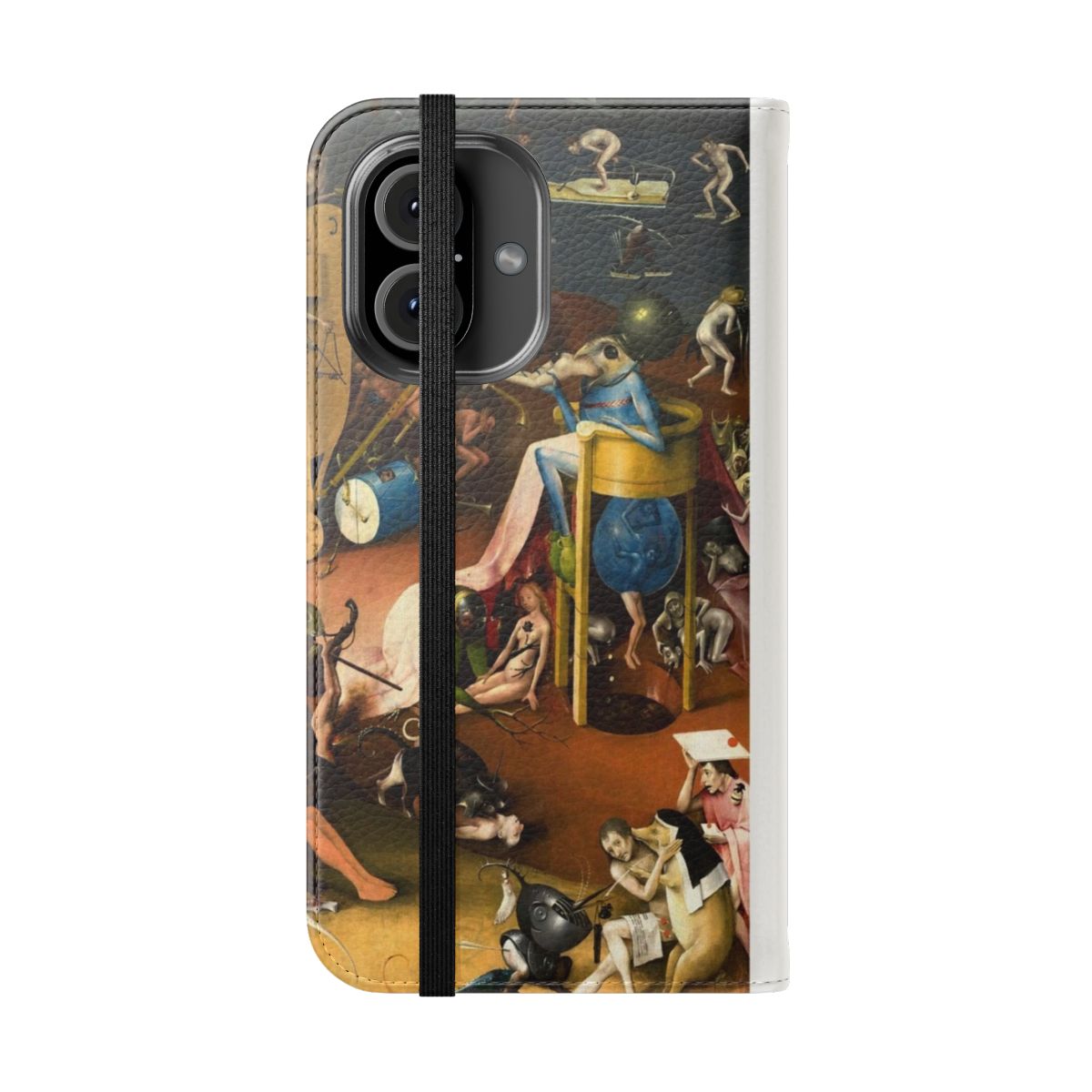 Detailed flip cover phone case featuring the bizarre "Bird King in Hell" artwork from Hieronymus Bosch's masterpiece "The Garden of Earthly Delights" - Folded Front