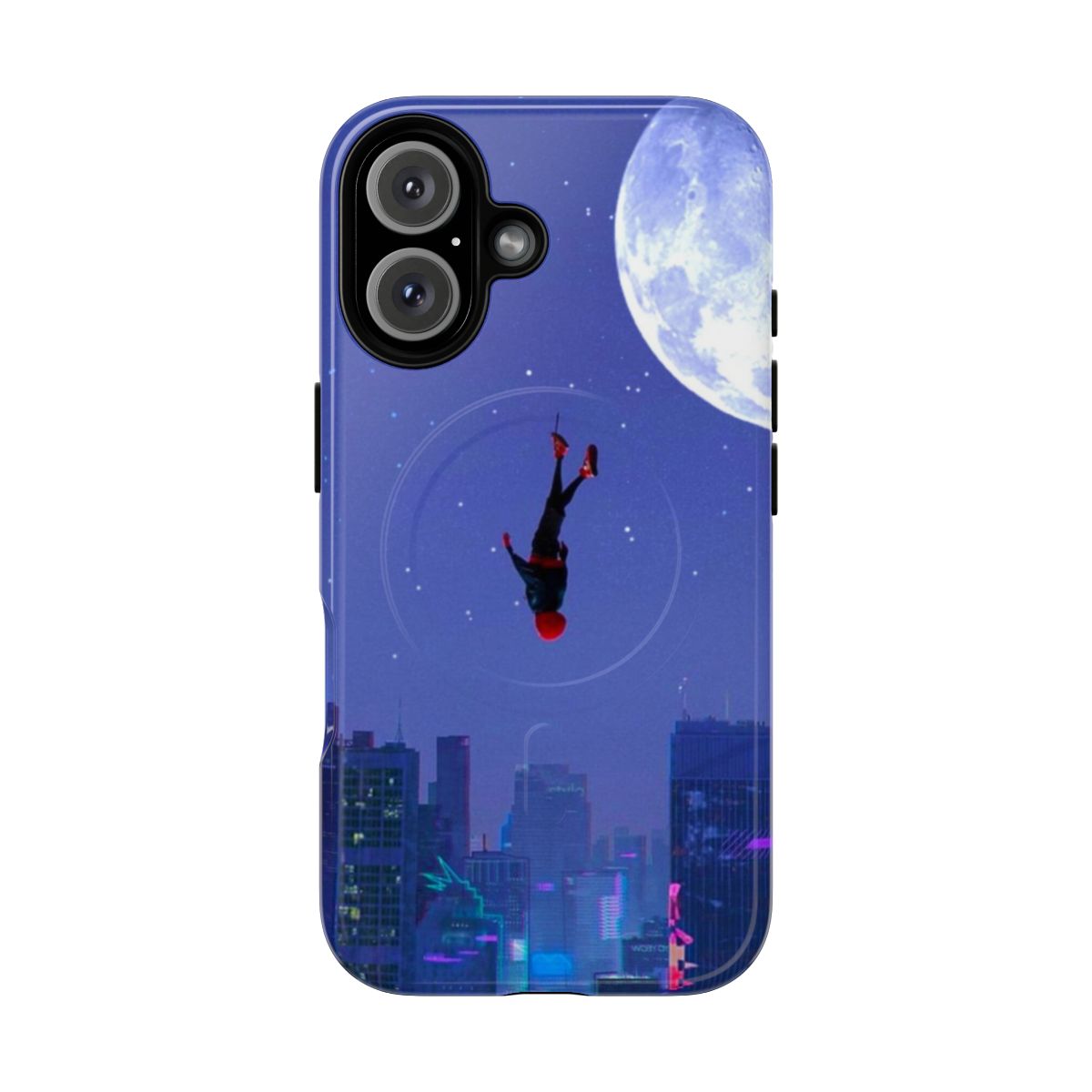 Magnetic, tough phone case with an urban, neon-inspired cityscape design