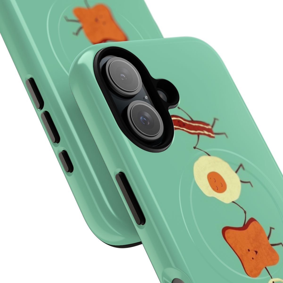 Magnetic tough phone case with a playful breakfast-themed design, featuring toast, bacon, coffee, and eggs. - Detail