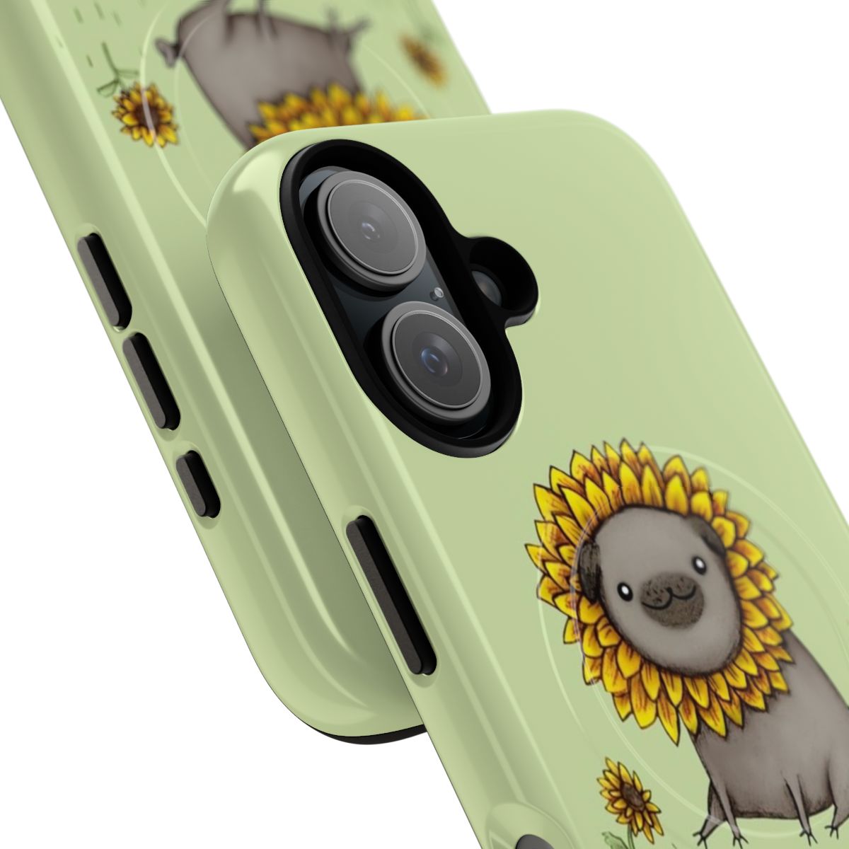 Magnetic phone case with a cute pug and sunflower design - Detail