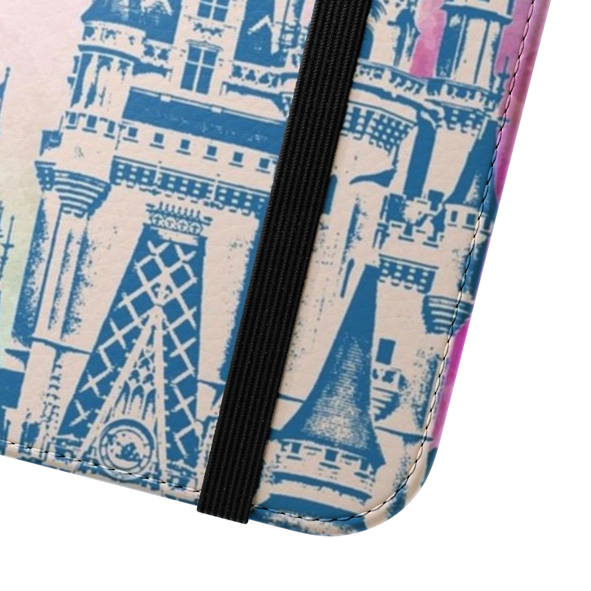 Watercolor painting of a magical castle on a flip phone case - Close Up