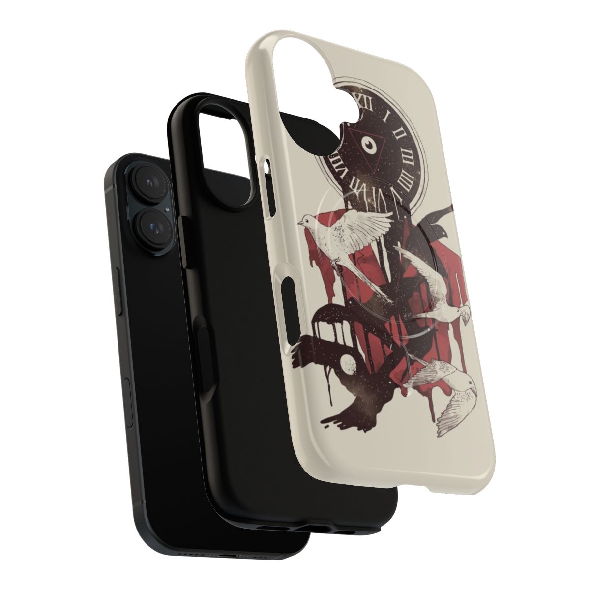 Abstract phone case with silhouette of birds against a night sky and moon - Layers