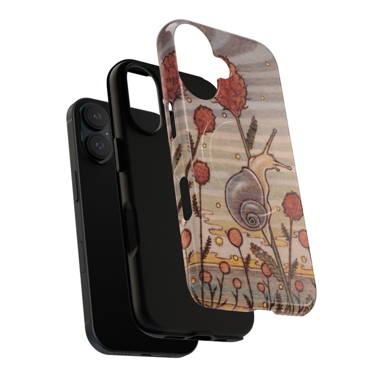 Artistic phone case featuring a snail surrounded by nature and flowers - Layers