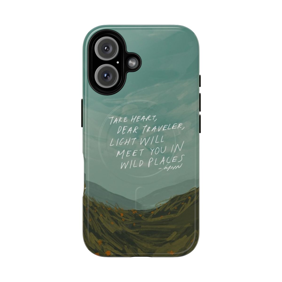 Magnetic tough phone case with image of wild flowers and mountains and text "Light will meet you in wild places"