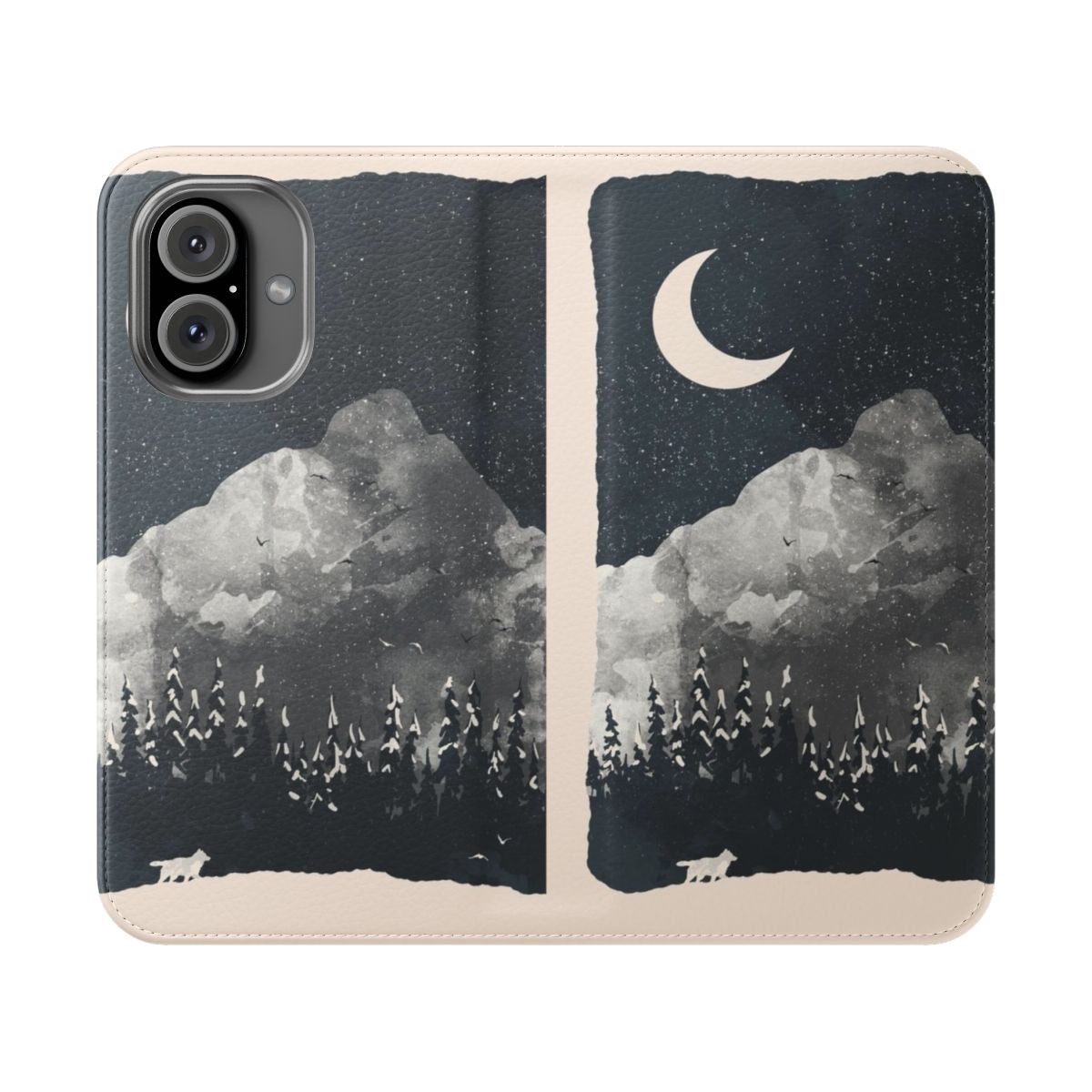 Image of a flip cover phone case with a wolf design against a snowy mountain landscape