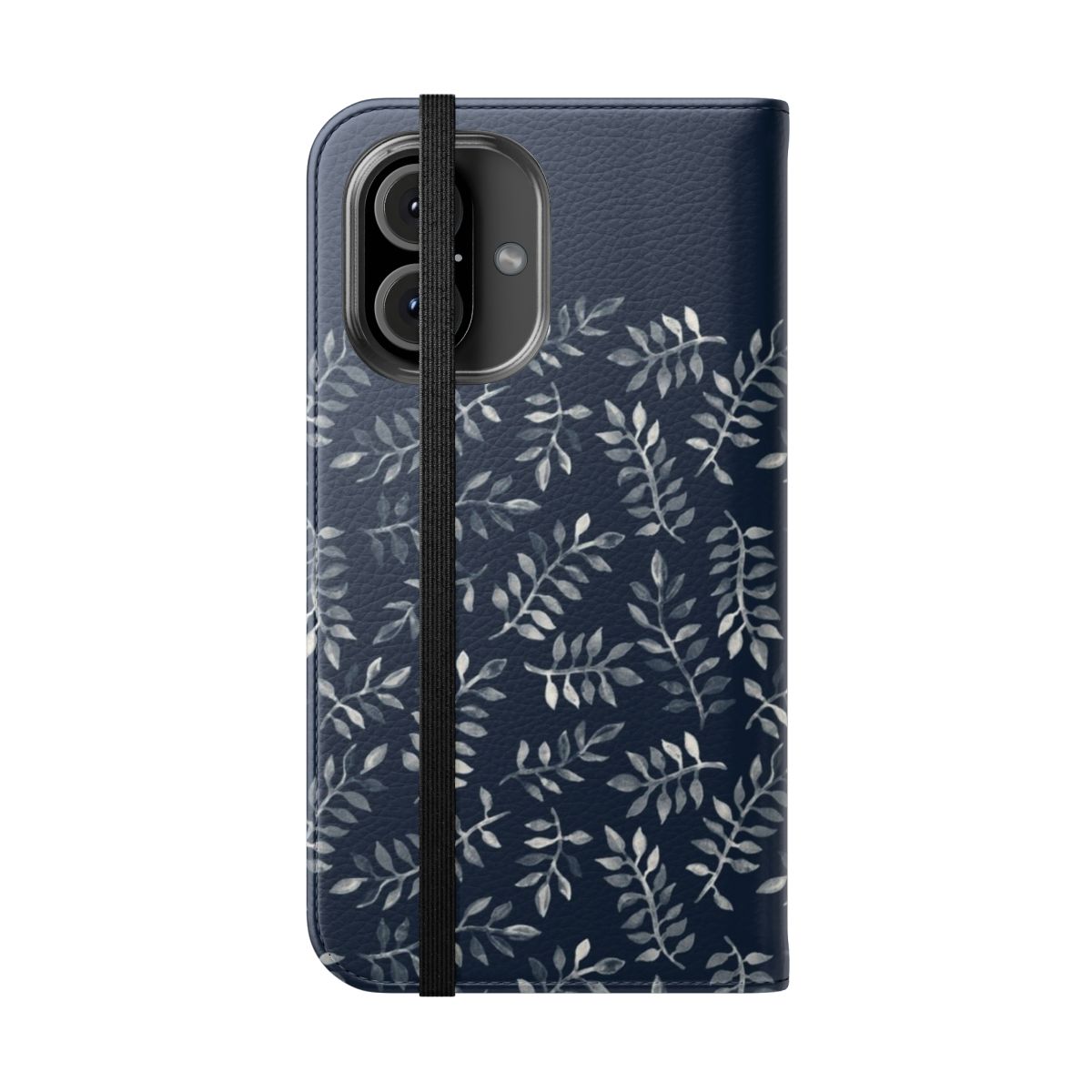 Navy blue flip phone case with hand painted white leaf pattern - Folded Front