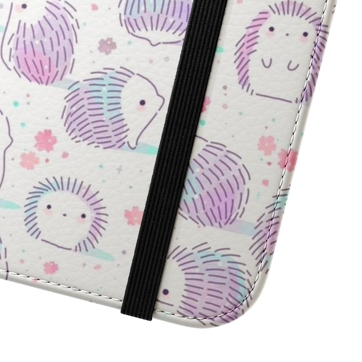 Hedgehog-patterned flip cover phone case with floral designs - Close Up