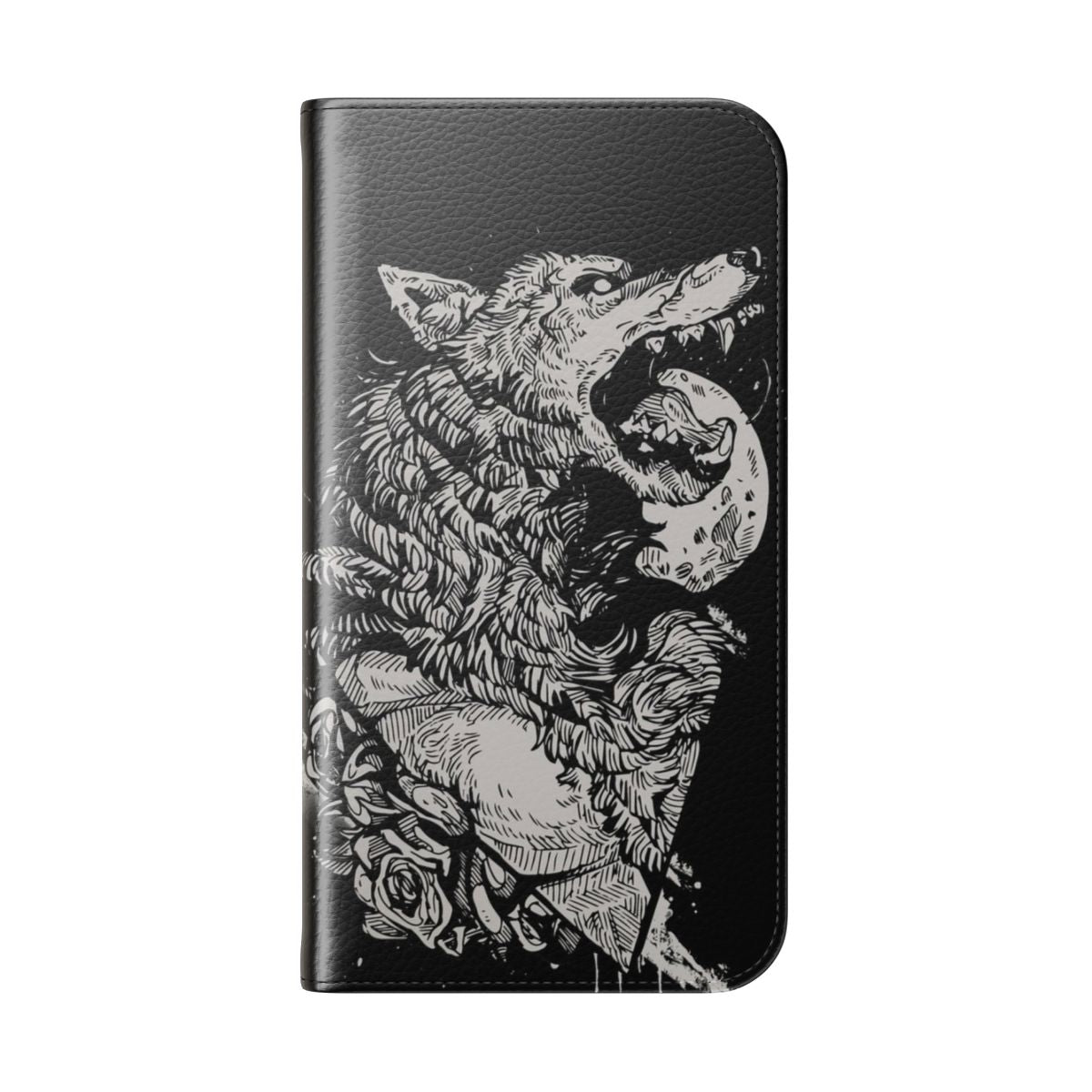 Closeup of a stylish flip cover phone case featuring a detailed werewolf design - Folded Back