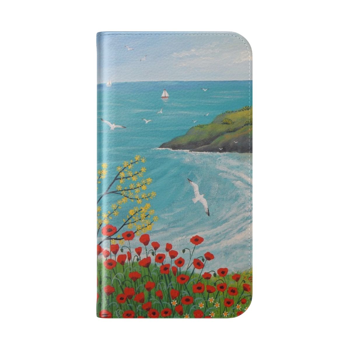 Coastal phone case with floral design featuring poppies and seascapes - Folded Back