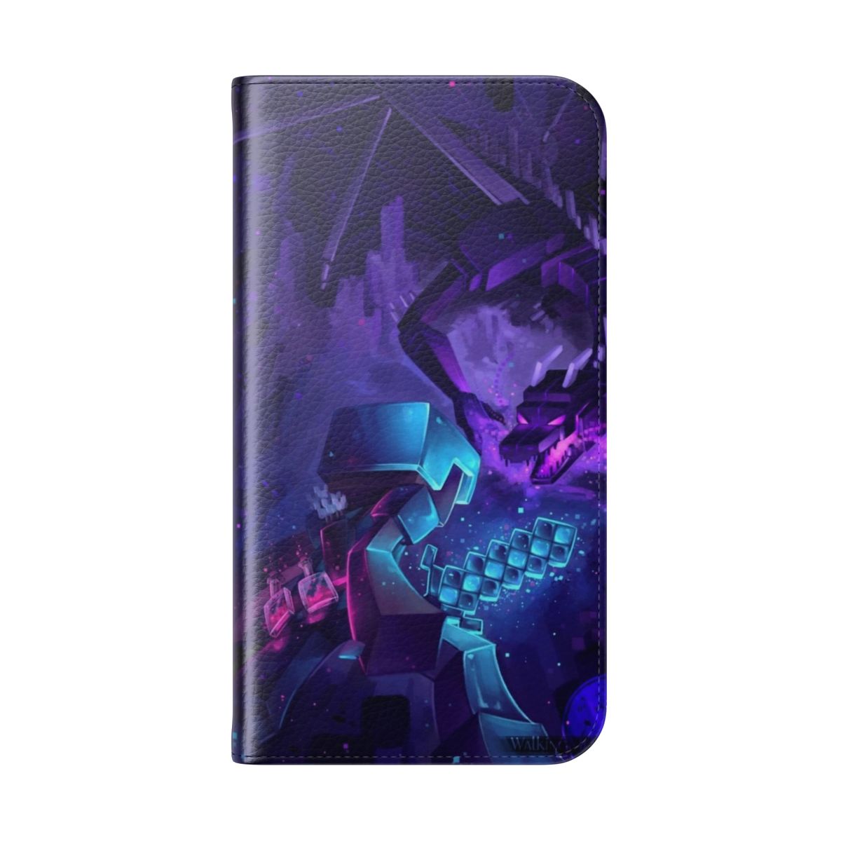 Minecraft-inspired phone case featuring an enderdragon battle scene in a beautiful, aesthetic design. - Folded Back