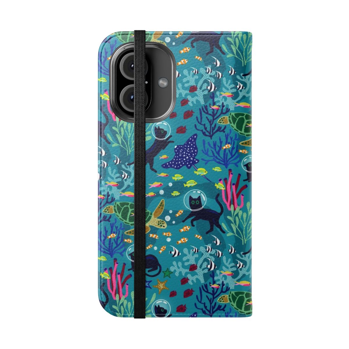 Colorful phone case cover featuring a pattern of cats exploring a coral reef underwater scene. - Folded Front