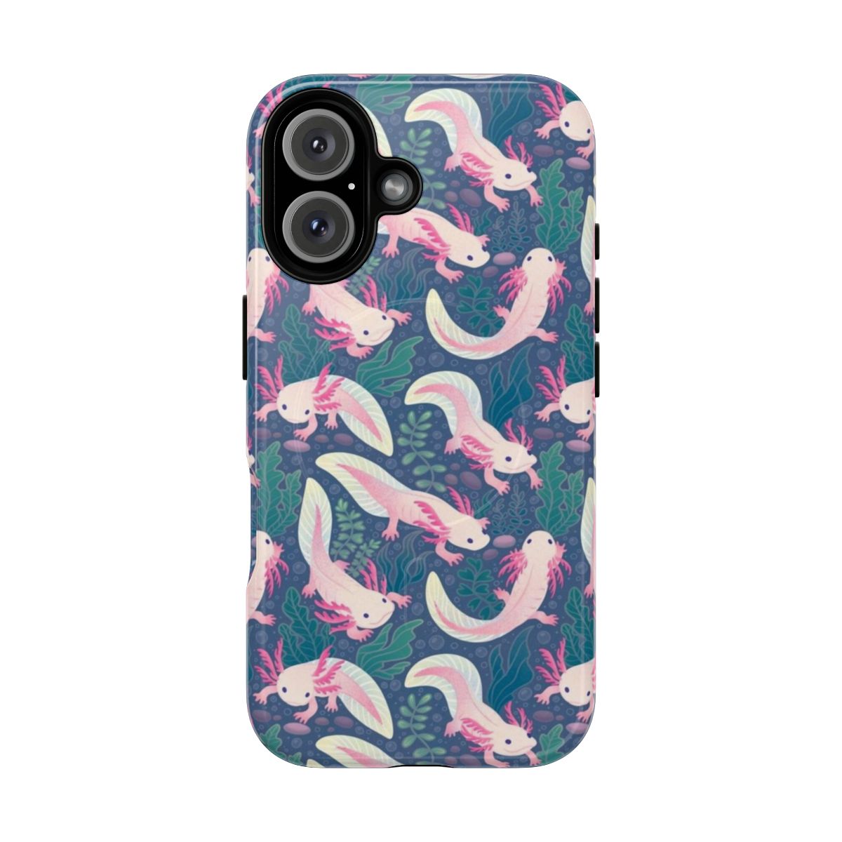 Colorful phone case featuring a detailed illustration of a leucistic axolotl, a unique amphibian pet.