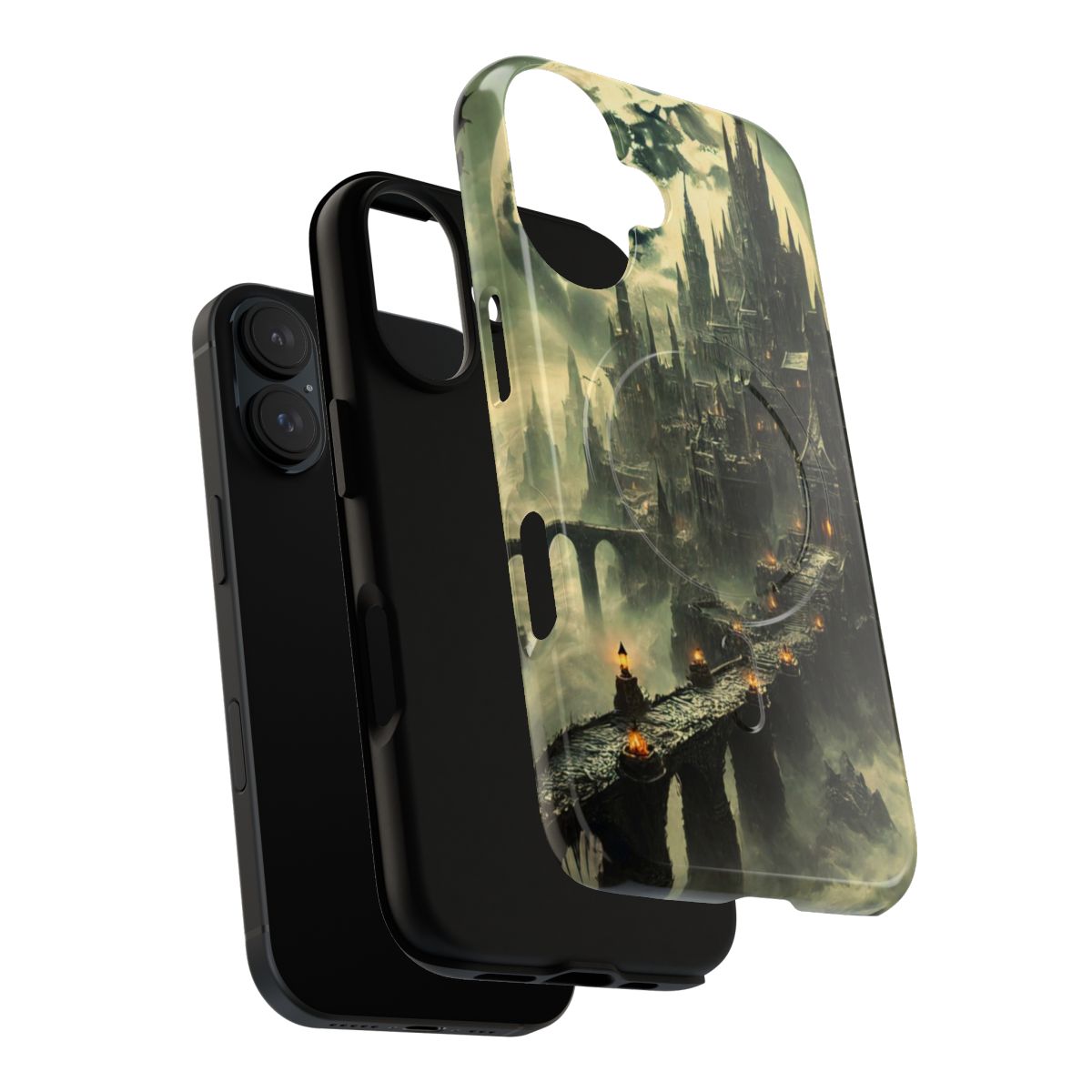 Ominous phone case featuring a haunted medieval castle in a dark fantasy landscape under a cloudy moonlit sky - Layers