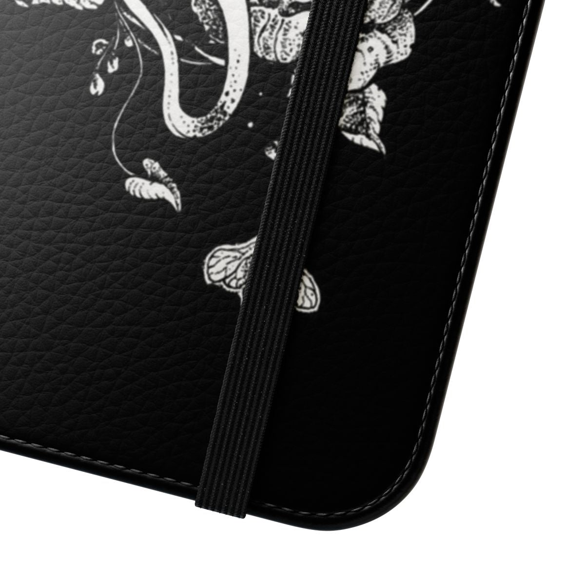 Dark art-inspired flip cover phone case with snake, moth, and floral design - Close Up