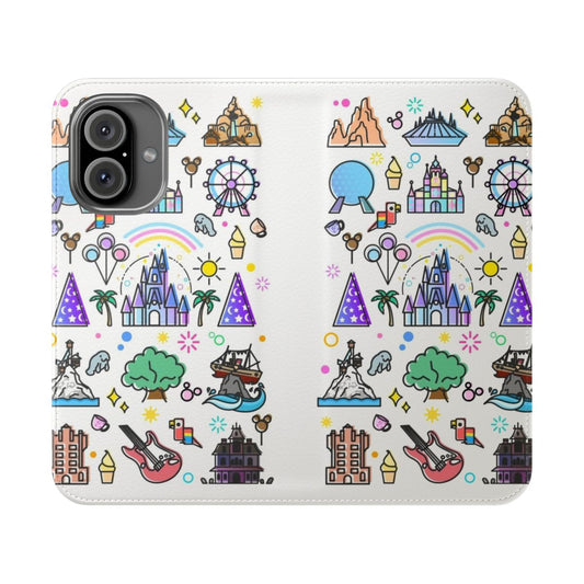 Flip cover phone case with designs inspired by Disney theme park attractions and icons