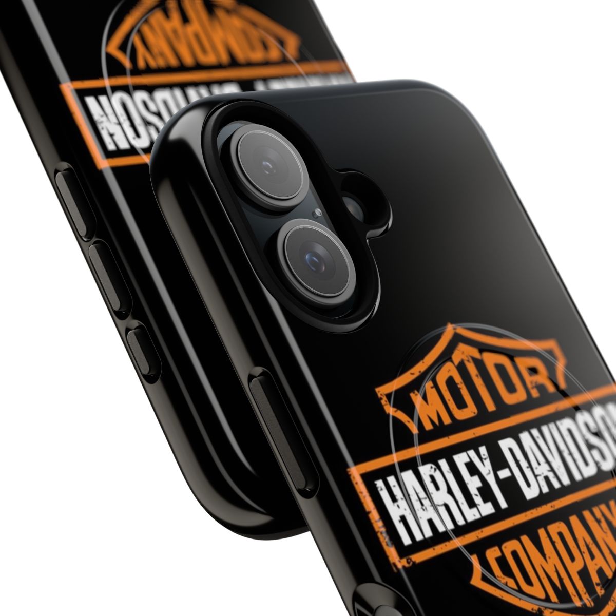 Vintage-style Harley Davidson inspired motorcycle t-shirt design on a magnetic phone case. - Detail