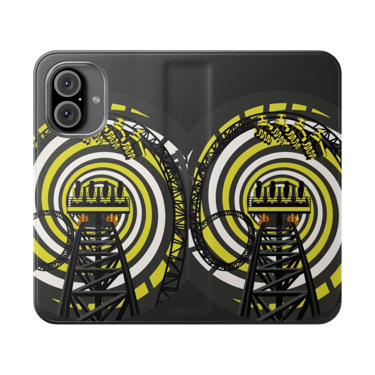 Black and yellow flip cover phone case with Gerstlauer Infinity coaster inspired design