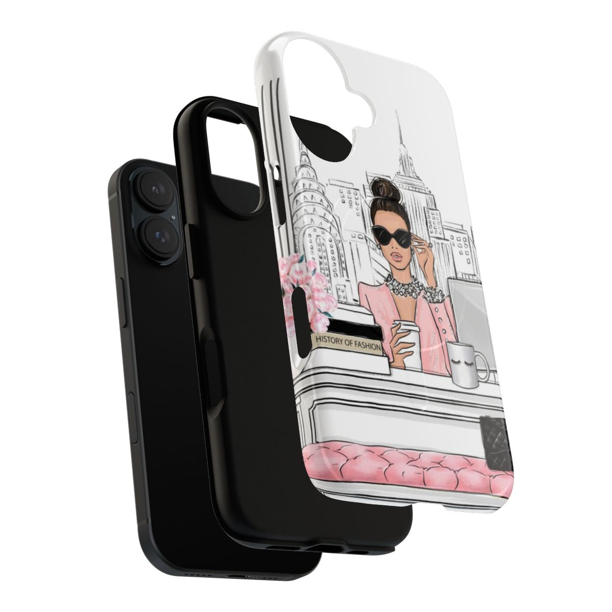 Magnetic tough phone case featuring a fashion illustration of a girl boss in a New York office - Layers