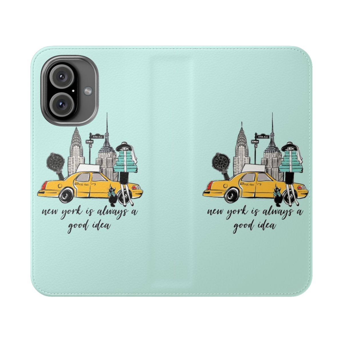 Flip cover phone case with a Breakfast at Tiffany's-inspired design featuring the iconic New York cityscape and Tiffany blue color scheme.